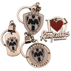  Four keychains featuring Monterrey football club logos and the phrase "I love Rayados. 