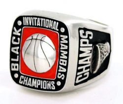  Silver championship ring with a basketball design on the face, inscribed with "BLACK INVITATIONAL MAMBAS CHAMPIONS" and "CHAMPS" on the side along with a basketball hoop. 